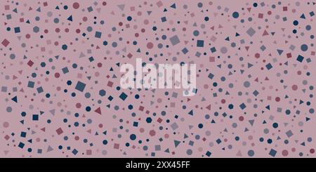 Viele verschiedene bunte, zufällig platzierte, große und ausgerichtete Quadrate, Punkte, Sechsecke und Dreiecke Muster-moderner Stil geometrische Textur Hintergrund, Stock Vektor