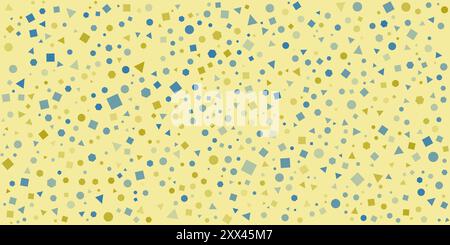 Viele verschiedene bunte, zufällig platzierte, große und ausgerichtete Quadrate, Punkte, Sechsecke und Dreiecke Muster-moderner Stil geometrische Textur Hintergrund, Stock Vektor