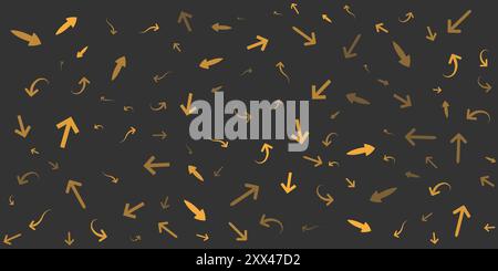 Verschiedene zufällig platzierte und geformte braune Pfeilsymbole - Muster verschiedener Größen, Formen und Ausrichtung auf breitem dunklem Hintergrund - Design Templ Stock Vektor
