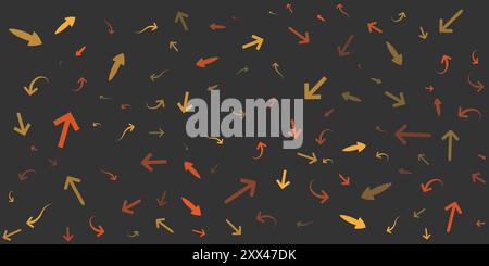 Verschiedene zufällig platzierte, farbige und geformte braune 3D-Pfeilsymbole - Muster verschiedener Größen, Formen und Ausrichtung auf breitem, dunklem Hintergrund - Stock Vektor