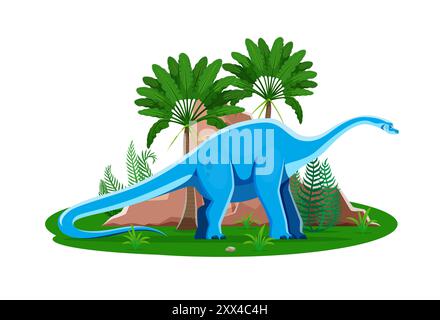Haplocanthosaurus prähistorischer Dinosaurier-Zeichentrickfigur. Isolierter Vektor großer Pflanzenfresser altes Reptil-Dino-Tier in natürlicher Umgebung mit grünen Pflanzen. Eidechse aus der Paläontologie der Spätkreidezeit Stock Vektor