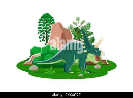 Chasmosaurus prähistorischer Dinosauriercharakter. Isolierter Karikaturvektor triceratops-ähnlicher Dino mit grün gefleckter Haut und Hörnern, steht in einer üppigen Landschaft aus der Jurazeit mit Bäumen, Felsen und grünen Büschen Stock Vektor