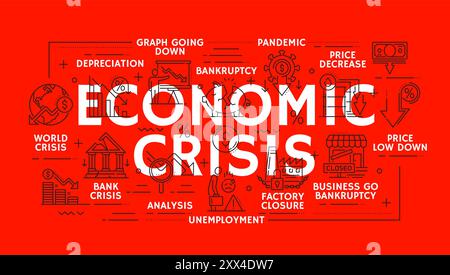 Geldverlust und Wirtschaftskrise, Geldmarktabsturz und globaler Finanzabschwung, Vektorlinien-Symbole. Wirtschaftskrisen-Symbole für Konkurs, Preisrückgang mit Geldinflation und Arbeitslosenwachstum Stock Vektor