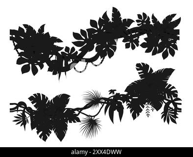 Silhouetten von Lianenzweigen im tropischen Dschungel. Vektor schwarze Silhouetten, Baum, Pflanzendickicht. Amazonas- oder afrikanische Flora, Regenwaldklettern und hängen Wurzeln, Blätter, Laub spinney Schatten Stock Vektor