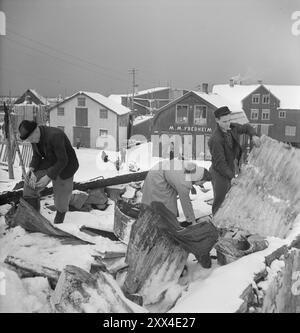 Tatsächlich 09-1949: Andenes nach dem Brand versuchen die Opfer des Feuers vergeblich, etwas von Wert zwischen geschwärzten Holzstücken und verzerrten Wellblechen an den Brandstellen zu finden. Aber die alten, trockenen Holzhäuser gaben dem Feuer eine so hervorragende Nahrung, dass nichts mehr übrig blieb. - Schlechte elektrische Leitungen sind wahrscheinlich schuld an der Katastrophe. Das Verkabelungsnetz wird wahrscheinlich jetzt gründlich geprüft und möglicherweise benötigt! Foto; Sverre A. Børretzen / aktuell / NTB ***FOTO NICHT VERARBEITET*** dieser Bildtext wird automatisch übersetzt Stockfoto