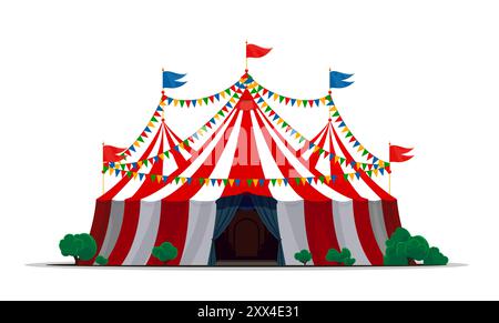 Zirkuszelt, Jahrmarkt Jahrmarkt Karneval Zelt für Vergnügungspark Show, Cartoon Vektor. Zirkuszeltzelt mit Eingang und Fahnen für Magic Fair oder Jahrfair Karneval Show mit roten und weißen Stiften Stock Vektor