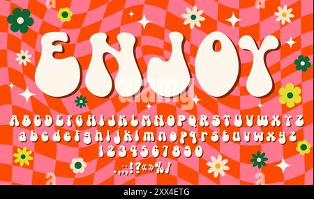 Groovige psychedelische Schriftart der 70er Jahre, trippige Schriftart der 60er Jahre, flippige Hippie-Schriftart, Retro-Buchstaben, Zahlen und Symbole. Auffällig, wellig, bunt, abc auf rotem und rosa Karomuster mit Blumen und Sternen Stock Vektor