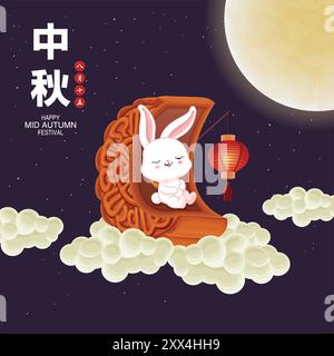 Vintage Mid Herumn Festival Poster Design mit Kaninchen Moon Kuchen Laterne Charakter. Übersetzung: Happy Mid Autumn Festival, Fünfzehn August. Stock Vektor