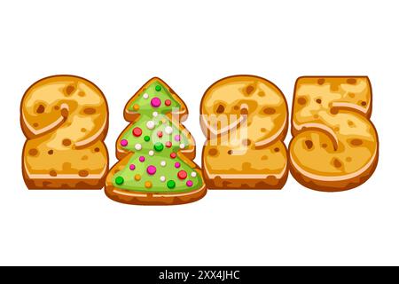 Weihnachtskuchenkekse 2025 Weihnachtsbaum im Zeichentrickstil. Süßer Keks für Kalender, Druck, Aufkleber oder Grußkarte Stock Vektor