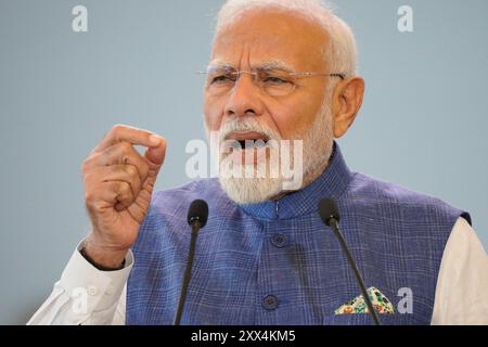 Warschau, Polen. August 2024. Narendra Modi spricht während einer Pressekonferenz in Warschau am 22. August 2024. Modi ist auf einem zweitägigen Besuch in Polen, danach wird er Kiew, Ukraine, besuchen. (Foto: Jaap Arriens/SIPA USA) Credit: SIPA USA/Alamy Live News Stockfoto