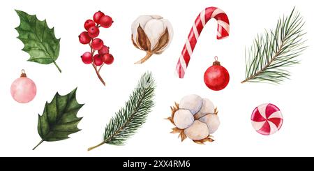 Festliche Aquarellillustration mit Zuckerstangen, stechpalmenblättern, roten Beeren und Weihnachtsschmuck. Perfekt für die Weihnachtsdekoration Stockfoto