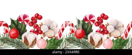 Festliche nahtlose Grenze mit Aquarellillustration mit Zuckerstangen, stechpalmenblättern, roten Beeren und Weihnachtsschmuck. Perfekt für den Urlaub Stockfoto