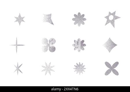 Abstrakte Elemente mit Sandkornstruktur, y2k Retro Grunge Dotwork-Verlauf. Sterne Blumen. Pointillismus holographische Unschärfe. Vektorabbildung Stock Vektor
