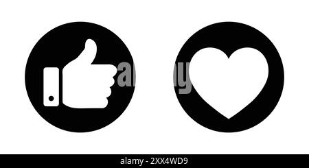 Daumen hoch und Herzsymbol in schwarzer Farbe. Schaltfläche „gefällt mir“ und „Liebe Herz“. Vektorabbildung. Stock Vektor