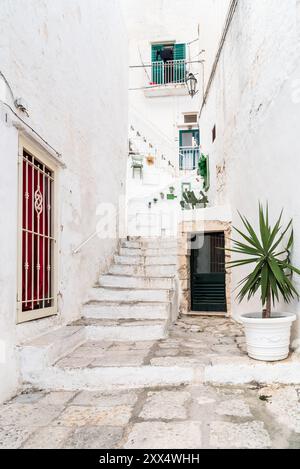 Charakteristische enge Gassen im historischen Zentrum von Ostuni, weiße Stadt in Apulien, Provinz Brindisi, Italien Stockfoto