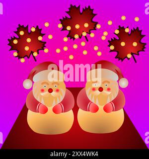 Zwei Weihnachtsmannsfiguren sitzen nebeneinander auf einer roten Matte und haben große weiße Bärte Stock Vektor