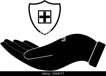 Gesundheitsschutzschild Schwarz, Hand medizinischer Schild, Familienlebensversicherung, medizinische Versorgung, Gesundheitsschild, medizinisches Logo, Lebensversicherungsservice Stock Vektor