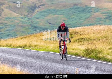 Ein entschlossener Radfahrer auf der Sustrans National Cycle Route 7 (& Sea to Sea) in einer Höhe von 550 Metern auf dem Carrshield Moor bei Coalcleugh, Northumberland Stockfoto