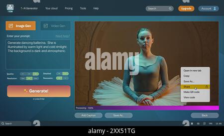 Benutzeroberfläche des AI-Videogenerators. Chatbot mit künstlicher Intelligenz erzeugen detailliertes Video einer eleganten tanzenden Ballerina in Tutu. KI-generierte Videoerstellung. Vorlage für Computer- oder Laptop-Bildschirme Stockfoto