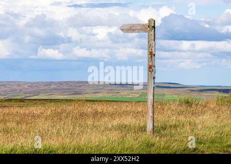 Ein hölzerner Wegweiser mit einer öffentlichen Brücke nach Carrshield auf einer Höhe von 550 Metern auf dem Carrshield Moor bei Coalcleugh, Northumberland, England, Großbritannien Stockfoto