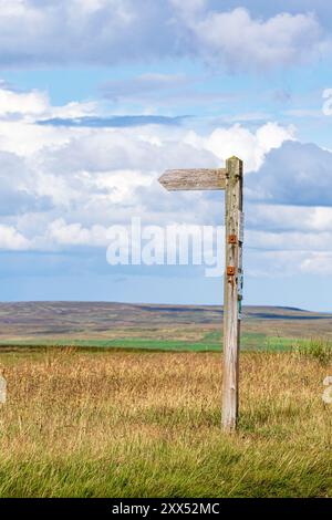 Ein hölzerner Wegweiser mit einer öffentlichen Brücke nach Carrshield auf einer Höhe von 550 Metern auf dem Carrshield Moor bei Coalcleugh, Northumberland, England, Großbritannien Stockfoto