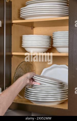 Vertikale Aufnahme einer Frauenhand, die Geschirr in einen Küchenschrank legt. Stockfoto