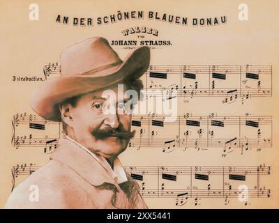 Johann Baptist Strauss II., 1825–1899, österreichischer Komponist und Geiger, 1879, digital herausgegeben nach einer Illustration von Leopold Horovitz, Notenblatt aus „die Blaue Donau“ Stockfoto