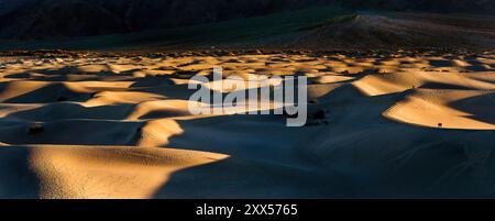 Am späten Tag spazieren die Besucher in den Mesquite Flat Sand Dunes im Death Valley National Park, Kalifornien. Stockfoto