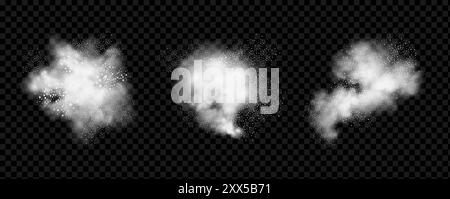 Ein Spritzer Eiskristalle in einer weißen Schneesturmwolke. Ein realistisches Set weißer Wolken aus Mehl, Zucker, Waschpulver. Eine Explosion von Schneestaub im A Stock Vektor
