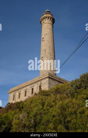 Der berühmte Leuchtturm am Cabo de Palos in der Nähe der Manga del Mar Menor in Cartagena, Spanien. Stockfoto