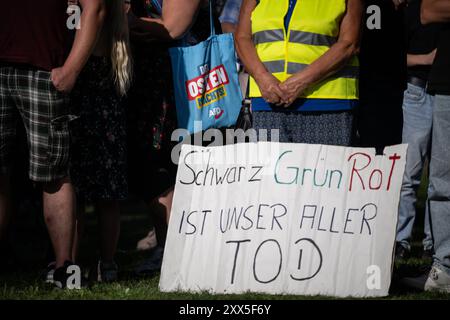 Neustadt An Der Orla, Deutschland. August 2024. "Black Green Red ist der Tod von uns allen" steht auf einem Schild bei einer AfD-Wahlkampfveranstaltung. Am 1. September wird in Thüringen ein neuer landtag gewählt. Quelle: Hannes P. Albert/dpa/Alamy Live News Stockfoto