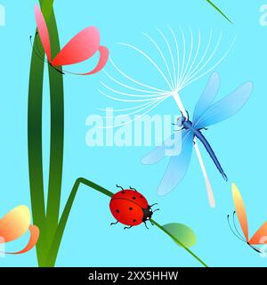 Nahtloses Muster mit Marienkäfer auf Gras, Schmetterling und Löwenzahn auf blauem Hintergrund. Stock Vektor