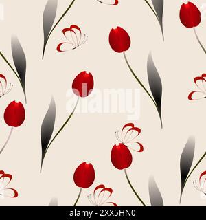 Nahtloses Muster mit roten Tulpen und Schmetterlingen auf beigefarbenem Hintergrund. Stock Vektor