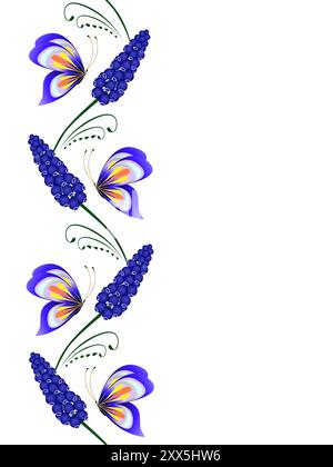 Vertikales nahtloses Muster mit Hyazinthen aus muskarinblauen Trauben und Schmetterlingen. Stock Vektor
