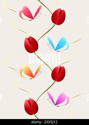 Vertikales nahtloses Muster mit Tulpen und Schmetterlingen mit Bändern. Stock Vektor