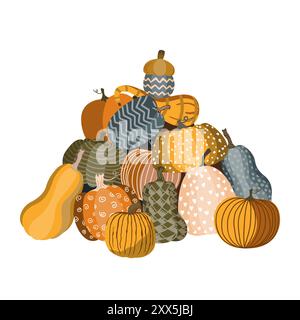 Ein Haufen süßer, mit Doodle bemalter Kürbisse. Erntehintergrund für Halloween, Herbst oder Thanksgiving. Vektorabbildung Stock Vektor
