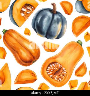 Kürbismuster in Wasserfarben. Herbstkürbis-Muster in Aquarellfarben. Nahtloses Lebensmittelmuster. Kürbis Hand gezeichnete Elemente Muster für das Design von Stoff, te Stockfoto