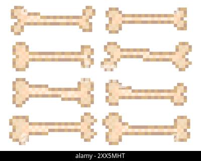Symbolsatz Knochen in Pixelgrafik isoliert auf weißem Hintergrund. Halloween-Muster aus 8-Bit-Skelett-Knochen im Stil klassischer Grafiken von Retro-Spielen von Stock Vektor