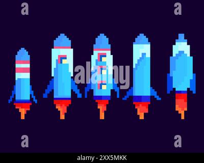 Symbolgruppe für Pixel-Raumschiffe. Weltraumraketen im 8-Bit-Retro-Grafikstil der 80er Jahre Raumschiffe im Pixel-Art-Stil. Design für Banner, mobile applicatio Stock Vektor