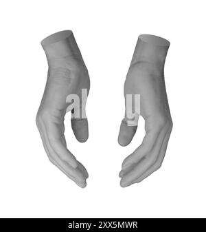 Halten, Halten, Pflege und Berühren mit beiden Handflächen, Handschild isoliert auf weißem Hintergrund. Stockfoto