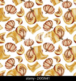 Herbstliche gelbe Gummistiefel und orangefarbene, reife Kürbis nahtlose Aquarellillustration Stockfoto