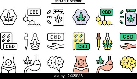 Offene Hand mit Marihuana-Blatt-Symbolen. Bearbeitbare Kontur. Cannabidiol Icons Kollektion. Cannabislegalisierung. Einfache Symbole. Vektor-isolierte Zeichnung Stock Vektor