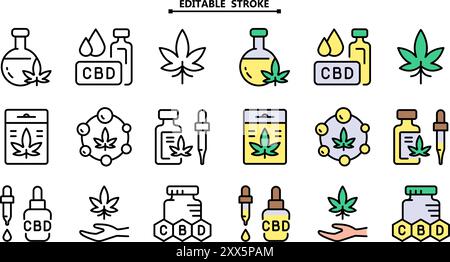 Offene Hand mit Marihuana-Blatt-Symbolen. Bearbeitbare Kontur. Cannabidiol Icons Kollektion. Cannabislegalisierung. Einfache Symbole. Vektor-isolierte Zeichnung Stock Vektor