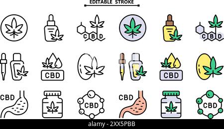 Offene Hand mit Marihuana-Blatt-Symbolen. Bearbeitbare Kontur. Cannabidiol Flat Icons Kollektion. Cannabislegalisierung. Einfache Symbole. Vektorisolierter dr Stock Vektor