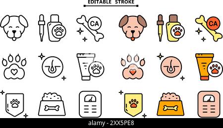 Haustiere Vitamine Symbole Set. Bearbeitbare Kontur. Verschiedene Arten von Hundemedizin, Vitaminen und Nahrungsergänzungsmitteln. Einfache flache Vektorsymbole für ui und ux, Website Stock Vektor