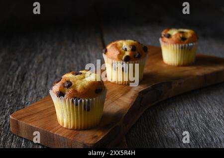 Großaufnahme von drei Mini-Schokoladen-Chip-Muffins auf einem Schneidebrett. Horizontales Format mit Kopierraum. Stockfoto