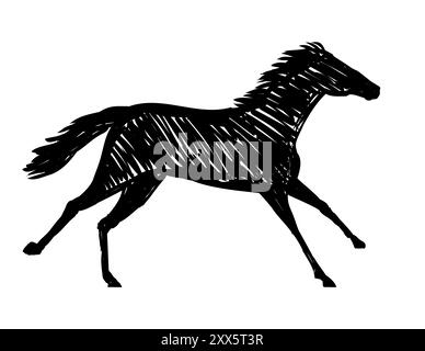 Zeichnung Skizze Stil Illustration eines Pferdehengstes oder Pony laufen galoppierende Seitenansicht auf isoliertem Hintergrund in schwarz-weiß ilne A Stock Vektor
