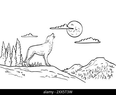 Zeichnung Skizze Stil Illustration eines Wolfs, Kojoten oder wilden Hundes, der auf Mond mit Berg auf isoliertem Hintergrund heult in schwarz-weiß-ilne Kunst. Stock Vektor