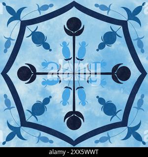 Handgezeichnete portugiesische Azulejo-Fliesen. Lissabon Arabisch Blumenmosaik Blau Ornament. Stockfoto