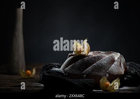 Hausgemachter Kuchen auf Holztisch, schwarzer Hintergrund Stockfoto